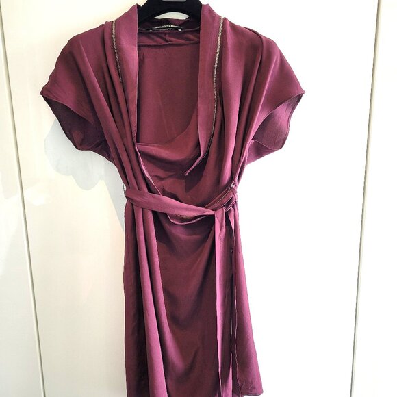 All Saints Burgundy 100% Silk Adria Zipper Dress Size 4 - Picture 3 of 7